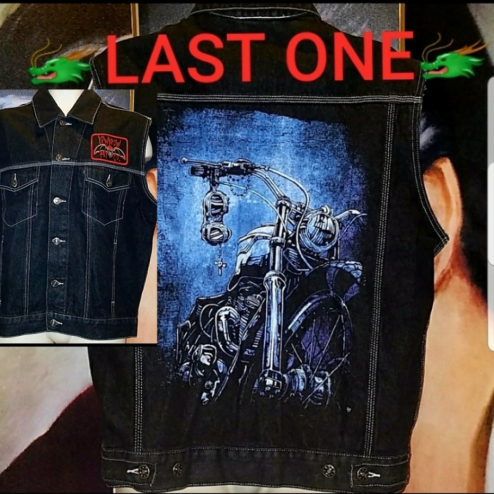 Lowbrow Triumph Motorcycle Tattoo Art Sacred Ride on Black Denim Vest Bat Patch